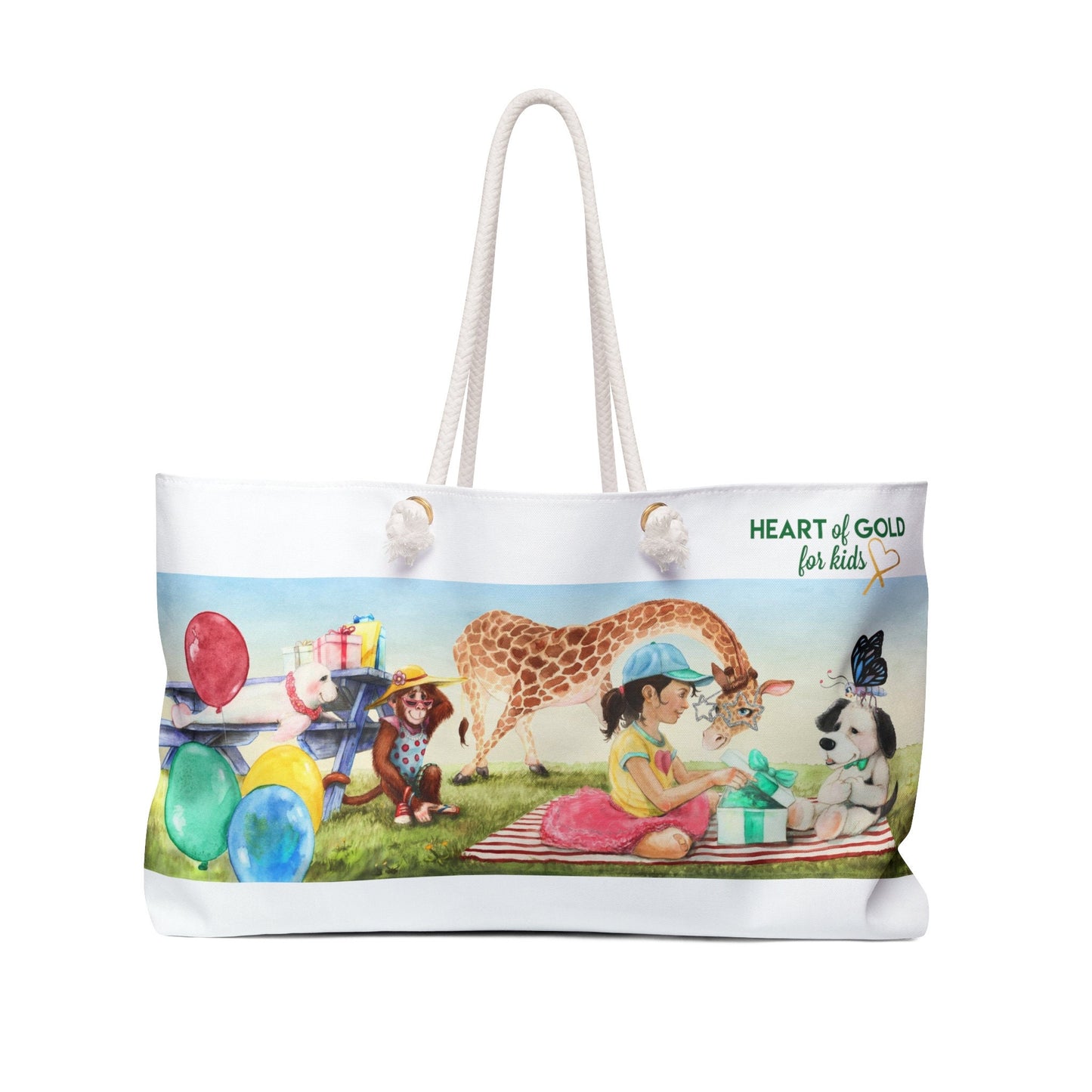 The Perfect Birthday Gift and Weekender tote bag, with Heart of Gold for Kids watercolor painting and stylish rope handles.