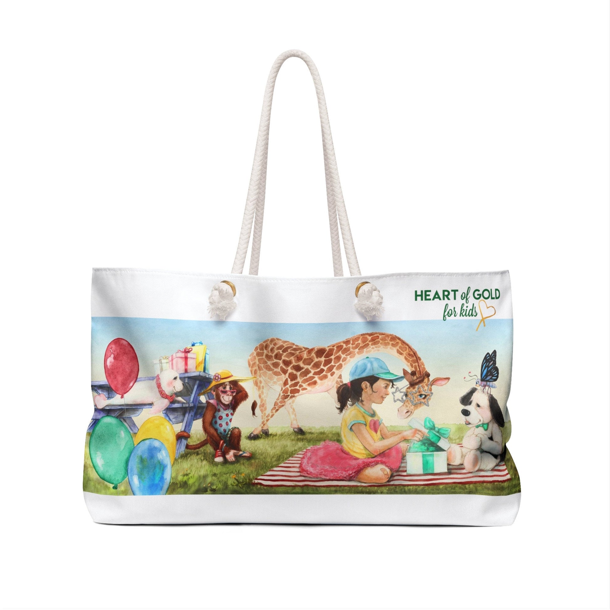 The Perfect Birthday Gift and Weekender tote bag, with Heart of Gold for Kids watercolor painting and stylish rope handles.