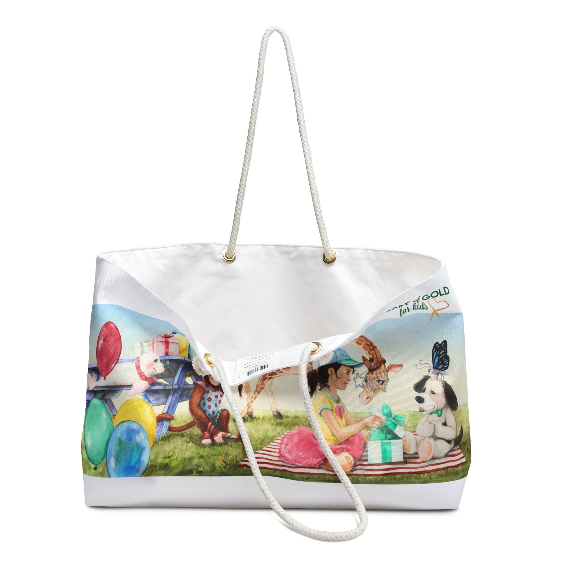 The Perfect Birthday Gift and Weekender tote bag, with Heart of Gold for Kids watercolor painting and stylish rope handles.